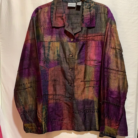 Chico's Tops - CHICOS BLOUSE PATCHWORK SILK/BEADED SZ 3 MAGENTA